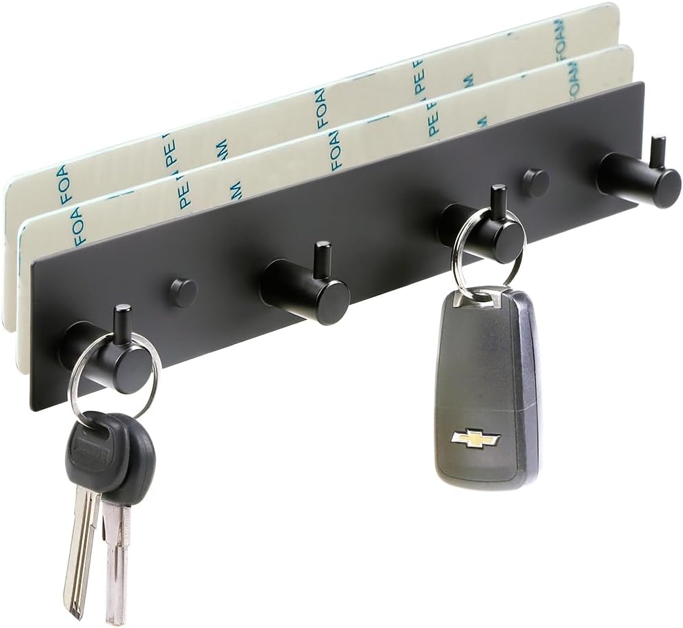 Wall Key Holder, 3 Hooks with Self-Adhesive Tape, No Damage, Black
