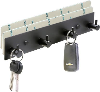 Wall Key Holder, 3 Hooks with Self-Adhesive Tape, No Damage, Black
