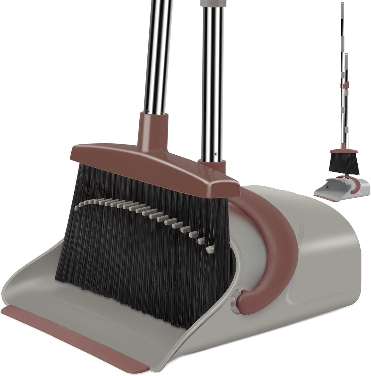 Broom and Dustpan Set with Long Handle, Upright Stand, Gray & Red