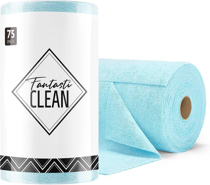 Fantasticlean Microfiber Cleaning Cloth Roll- 75 Sheets, 12 x 12 (Blue) | Super Absorbent, Scratch Free, Tear-away Microfiber Towel Roll, for All-Purpose Cleaning, Reusable Alternative to Paper Towel